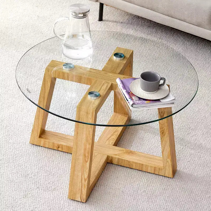 Tables basses rondes modernes et pratiques, avec plateau en verre trempé transparent, tables en MDF couleur bois pour salons, chambres