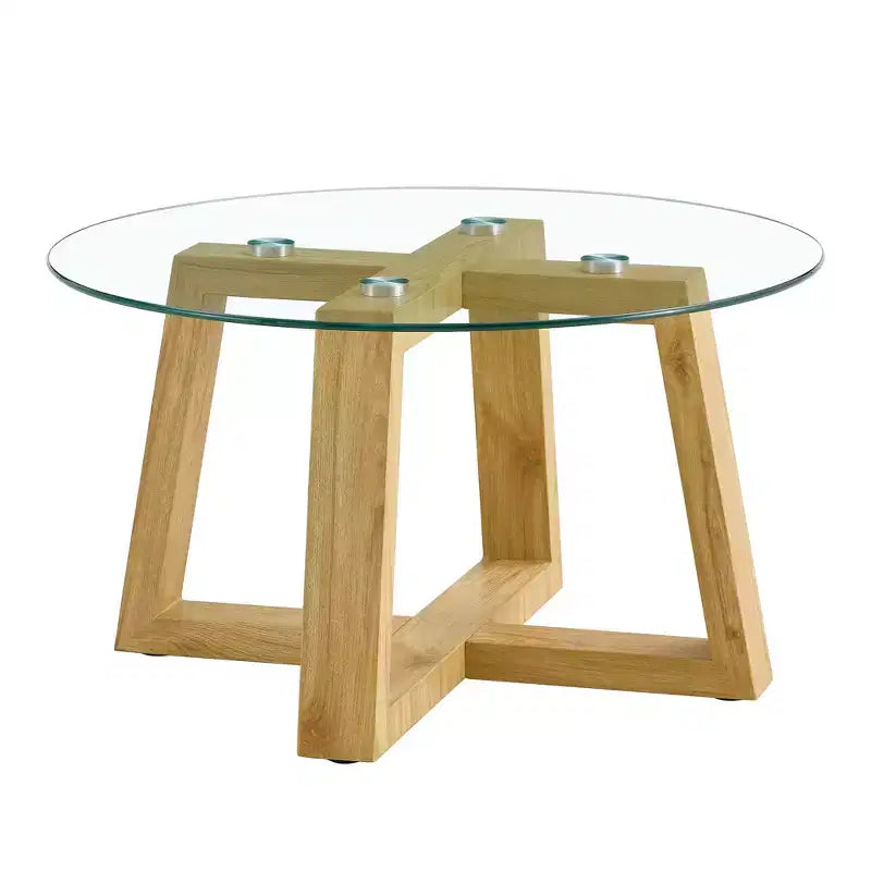 Tables basses rondes modernes et pratiques, avec plateau en verre trempé transparent, tables en MDF couleur bois pour salons, chambres