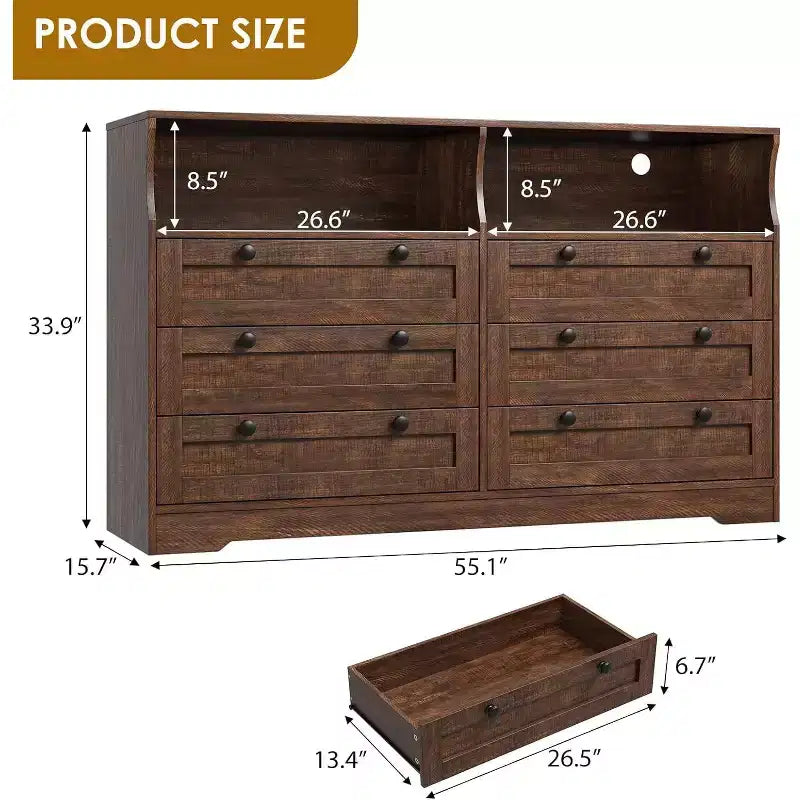 Commode à 6 tiroirs avec LED et multiprise, Commodes et chiffonniers avec armoire de rangement pour chambre, Meuble TV en bois de 55 pouces de large