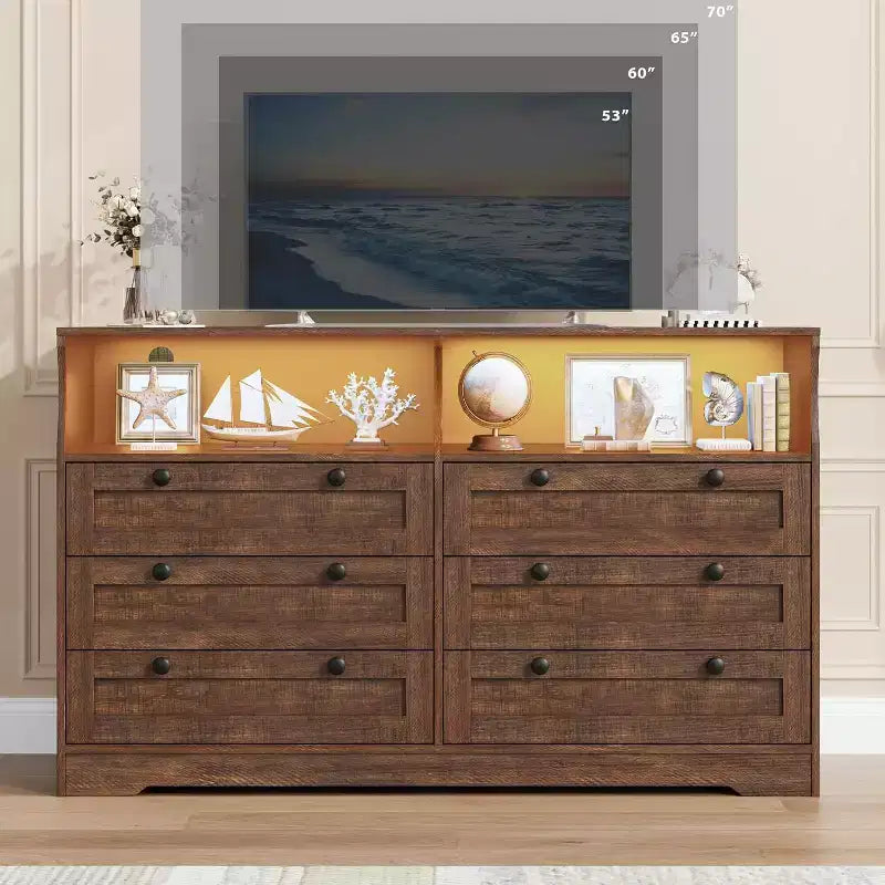 Commode à 6 tiroirs avec LED et multiprise, Commodes et chiffonniers avec armoire de rangement pour chambre, Meuble TV en bois de 55 pouces de large