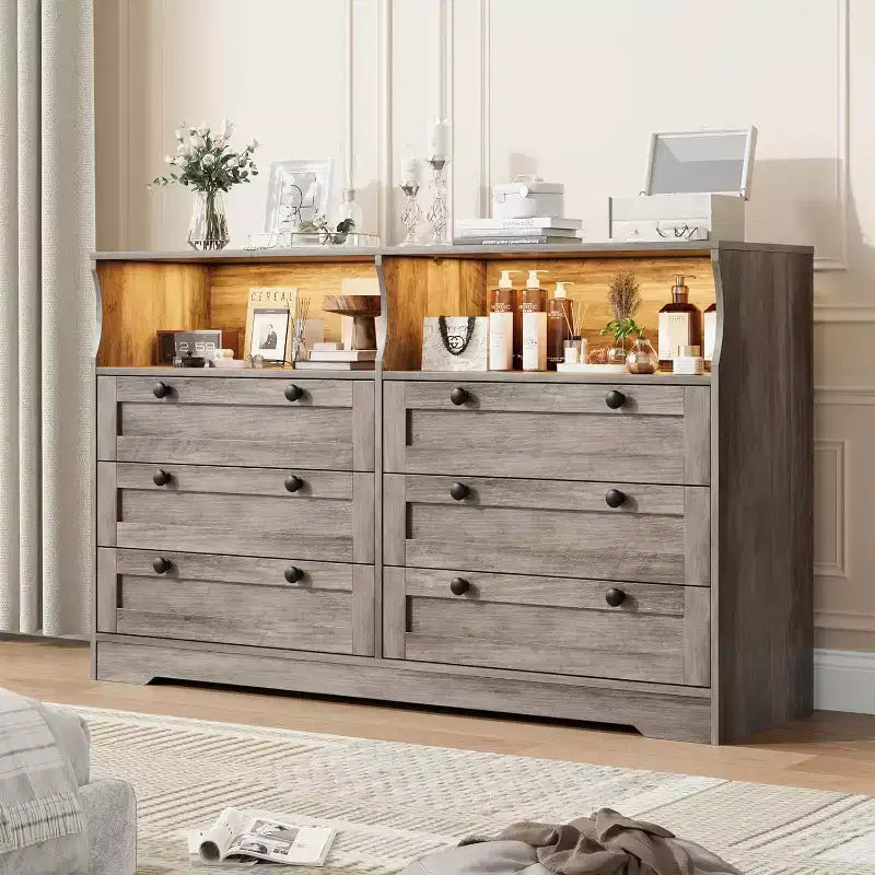 Commode à 6 tiroirs avec LED et multiprise, Commodes et chiffonniers avec armoire de rangement pour chambre, Meuble TV en bois de 55 pouces de large