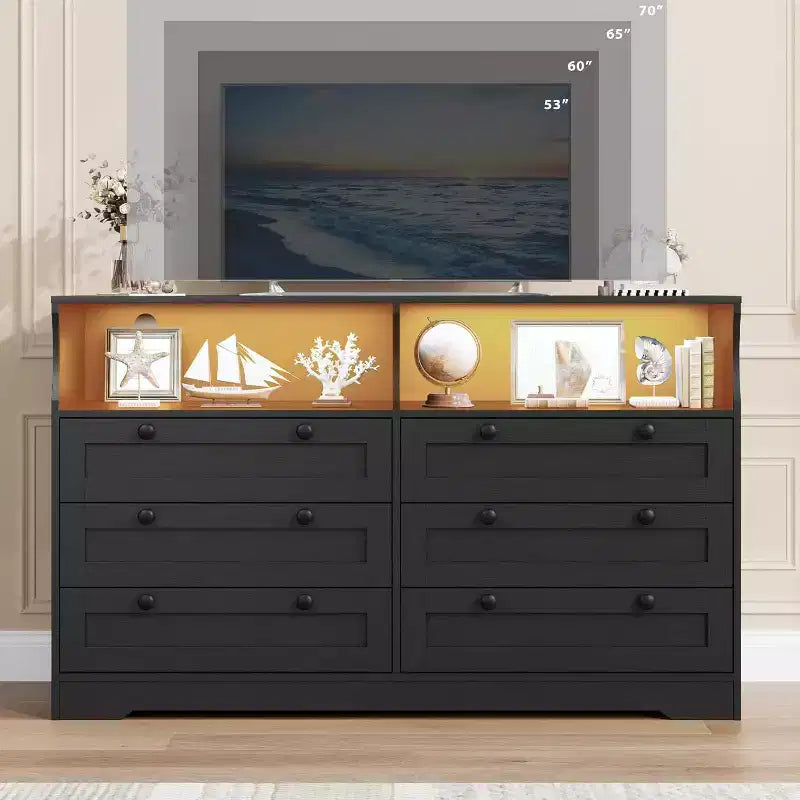 Commode à 6 tiroirs avec LED et multiprise, Commodes et chiffonniers avec armoire de rangement pour chambre, Meuble TV en bois de 55 pouces de large