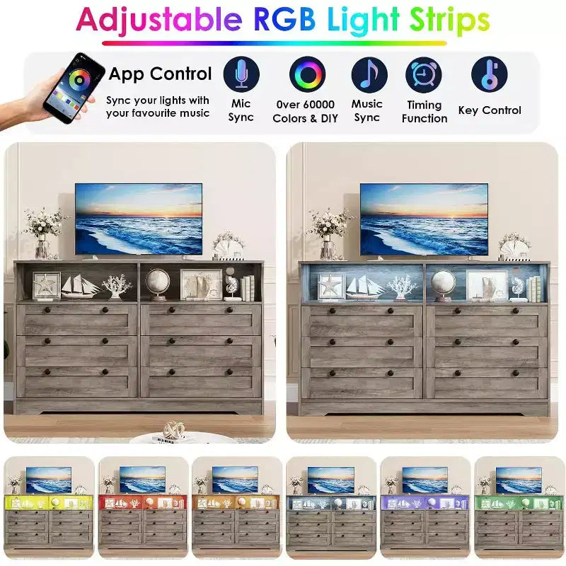 Commode à 6 tiroirs avec LED et multiprise, Commodes et chiffonniers avec armoire de rangement pour chambre, Meuble TV en bois de 55 pouces de large