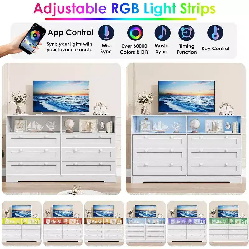 Commode à 6 tiroirs avec LED et multiprise, Commodes et chiffonniers avec armoire de rangement pour chambre, Meuble TV en bois de 55 pouces de large
