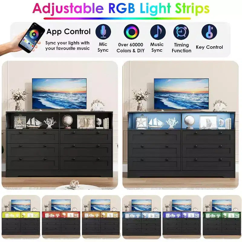 Commode à 6 tiroirs avec LED et multiprise, Commodes et chiffonniers avec armoire de rangement pour chambre, Meuble TV en bois de 55 pouces de large
