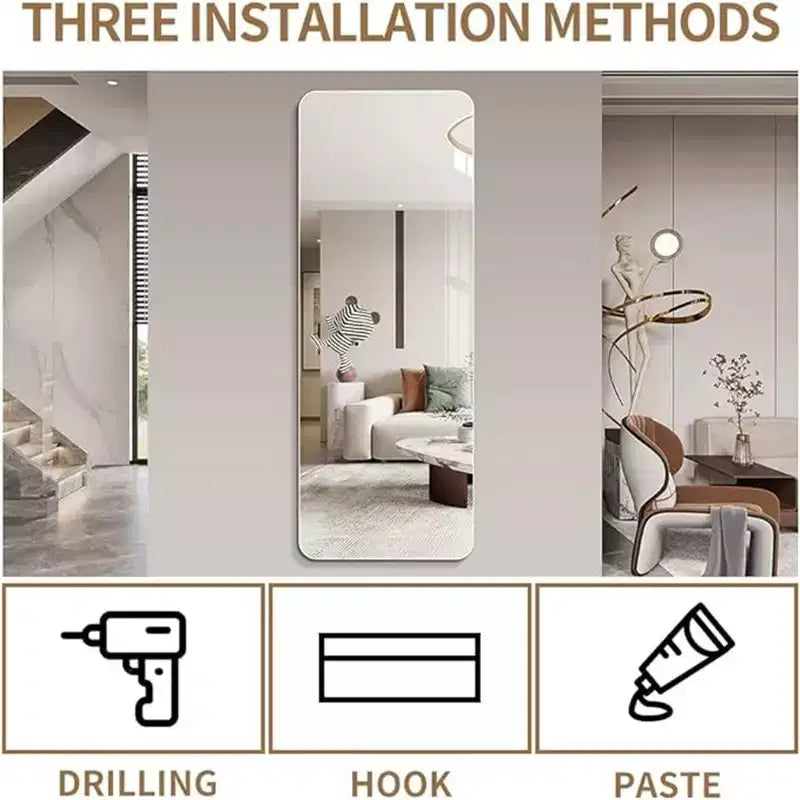 Miroir de dressing mural pleine longueur sans cadre avec coins arrondis et verre antidéflagrant