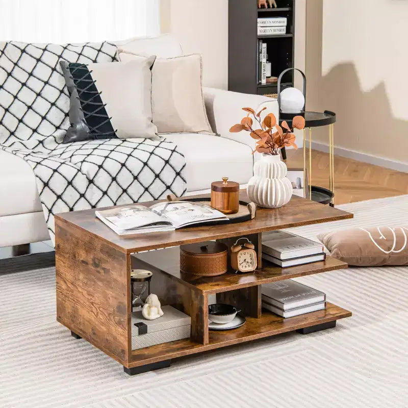 Table basse avec étagère centrale en L pour salon Marron rustique