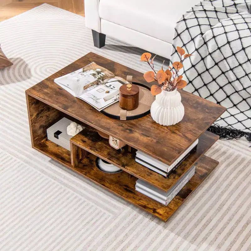 Table basse avec étagère centrale en L pour salon Marron rustique