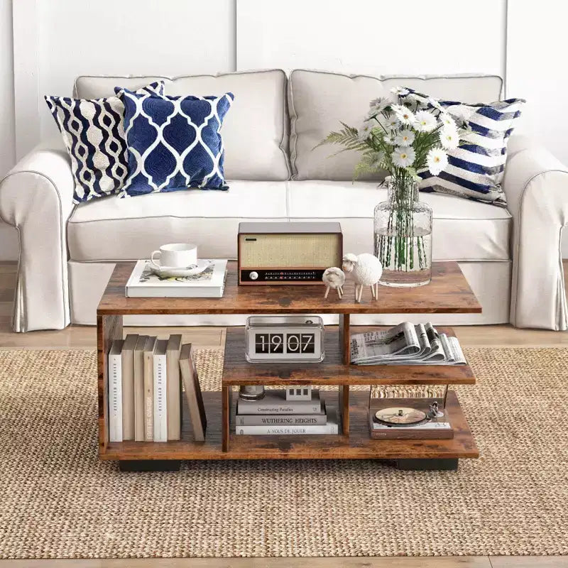 Table basse avec étagère centrale en L pour salon Marron rustique