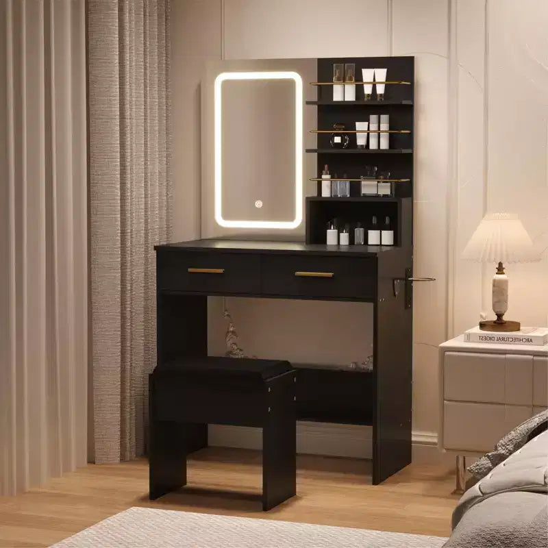 Coiffeuse avec miroir et lumières, table de maquillage de 79 cm de large avec 2 tiroirs et étagères de rangement ouvertes, coiffeuse à luminosité réglable