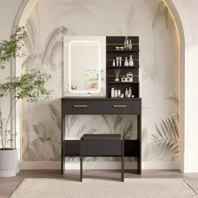 Coiffeuse avec miroir et lumières, table de maquillage de 79 cm de large avec 2 tiroirs et étagères de rangement ouvertes, coiffeuse à luminosité réglable