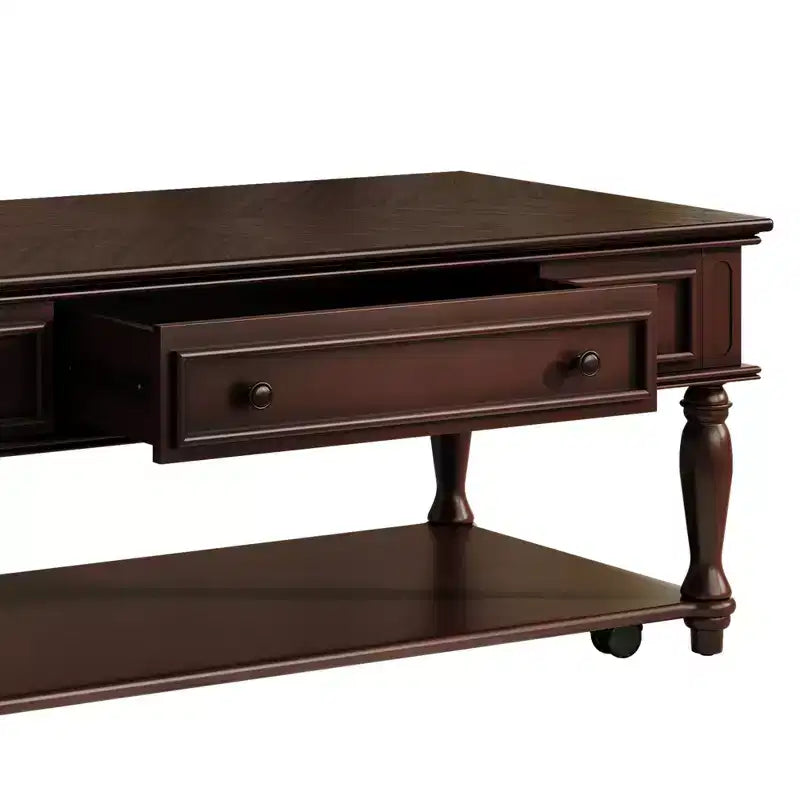 Table basse de ferme avec un tiroir, roulettes verrouillables et pieds en bois massif pour salon, Espresso
