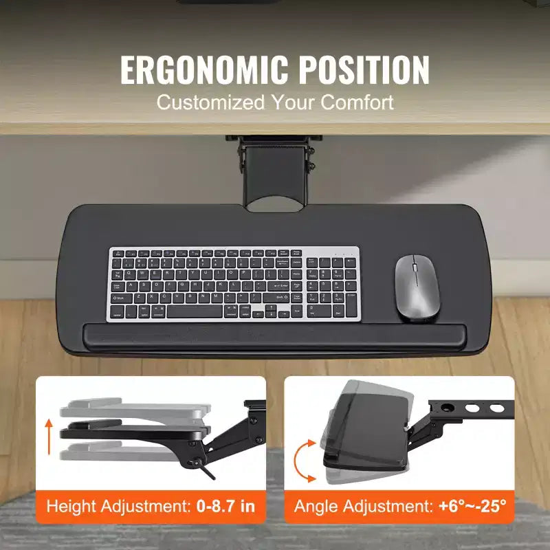 Support de clavier sous le bureau à hauteur réglable, plateau de clavier coulissant sous le bureau réglable en hauteur et en angle, grand support de clavier de 63,5x24,9 cm, noir