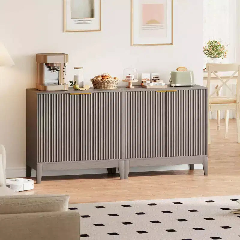 Meuble de rangement à cannelures de 80 cm avec poignées dorées, étagère réglable, crédence finition chêne, buffet moderne pour salle à manger et cuisine