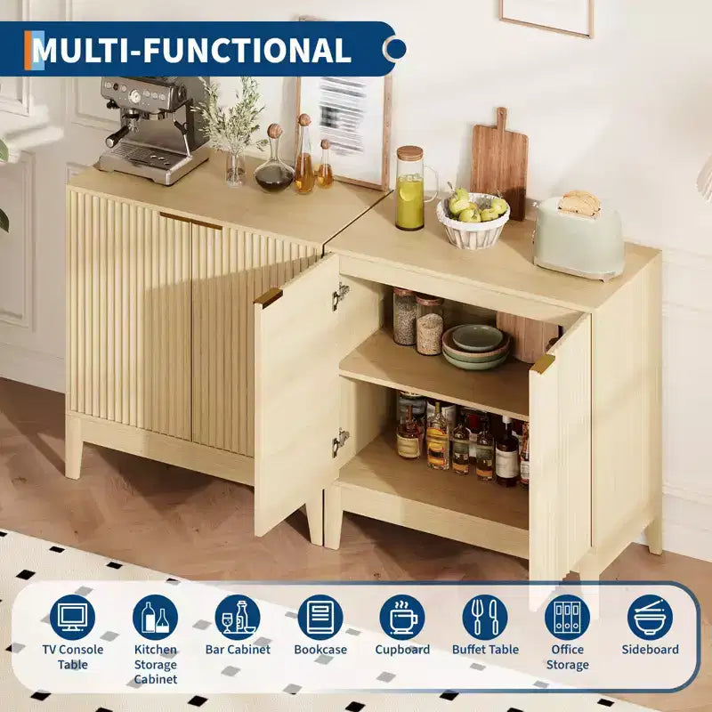 Meuble de rangement à cannelures de 80 cm avec poignées dorées, étagère réglable, crédence finition chêne, buffet moderne pour salle à manger et cuisine