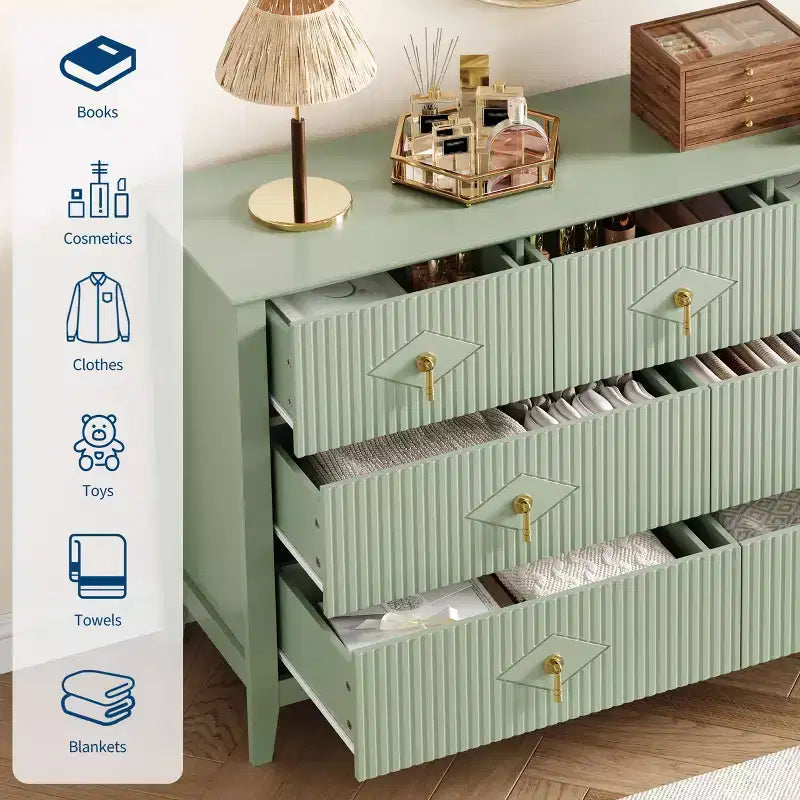 Commode de chambre à 7 tiroirs, commode en bois de 54 po de large avec poignées métalliques, organisateur de rangement pour vêtements cannelé, meuble TV de commode pour couloir