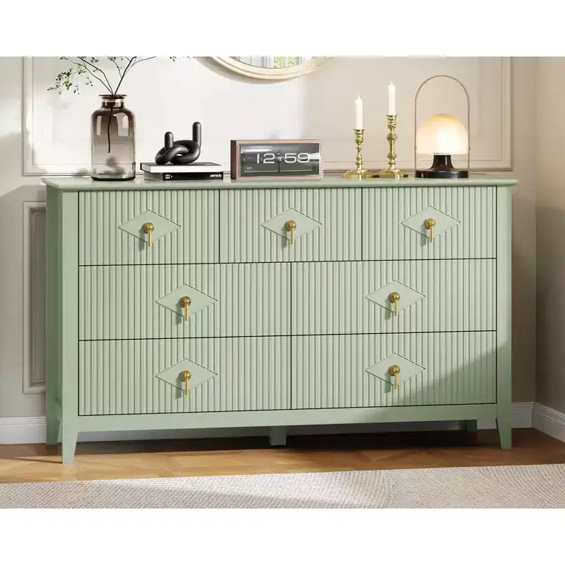 Commode de chambre à 7 tiroirs, commode en bois de 54 po de large avec poignées métalliques, organisateur de rangement pour vêtements cannelé, meuble TV de commode pour couloir