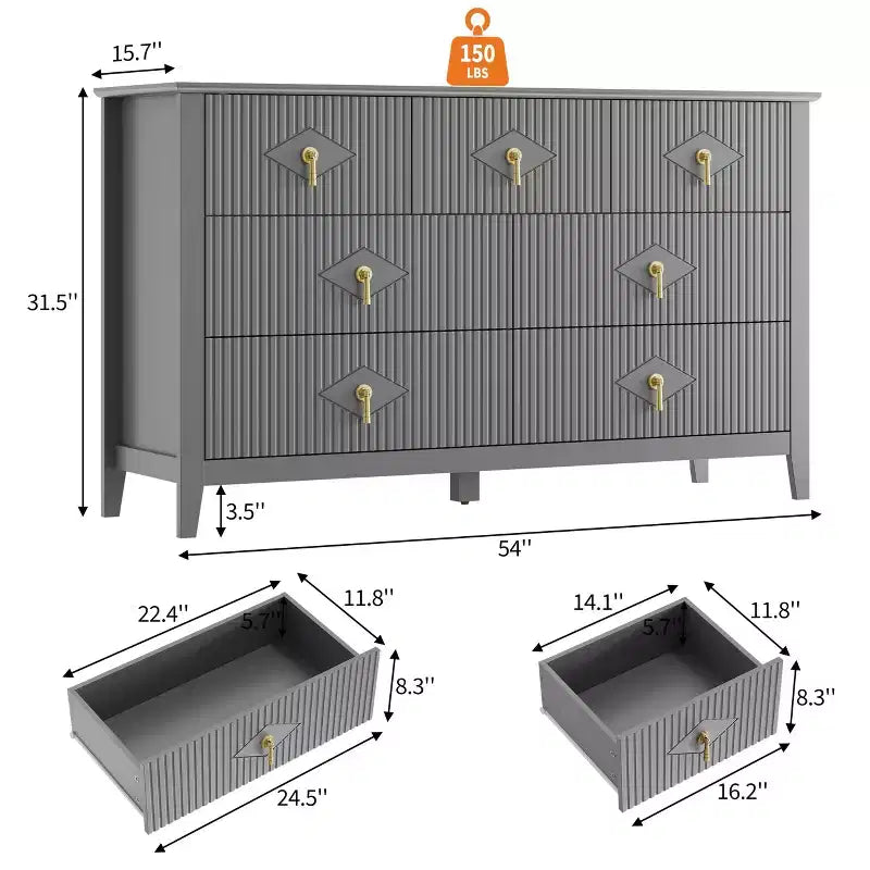 Commode de chambre à 7 tiroirs, commode en bois de 54 po de large avec poignées métalliques, organisateur de rangement pour vêtements cannelé, meuble TV de commode pour couloir