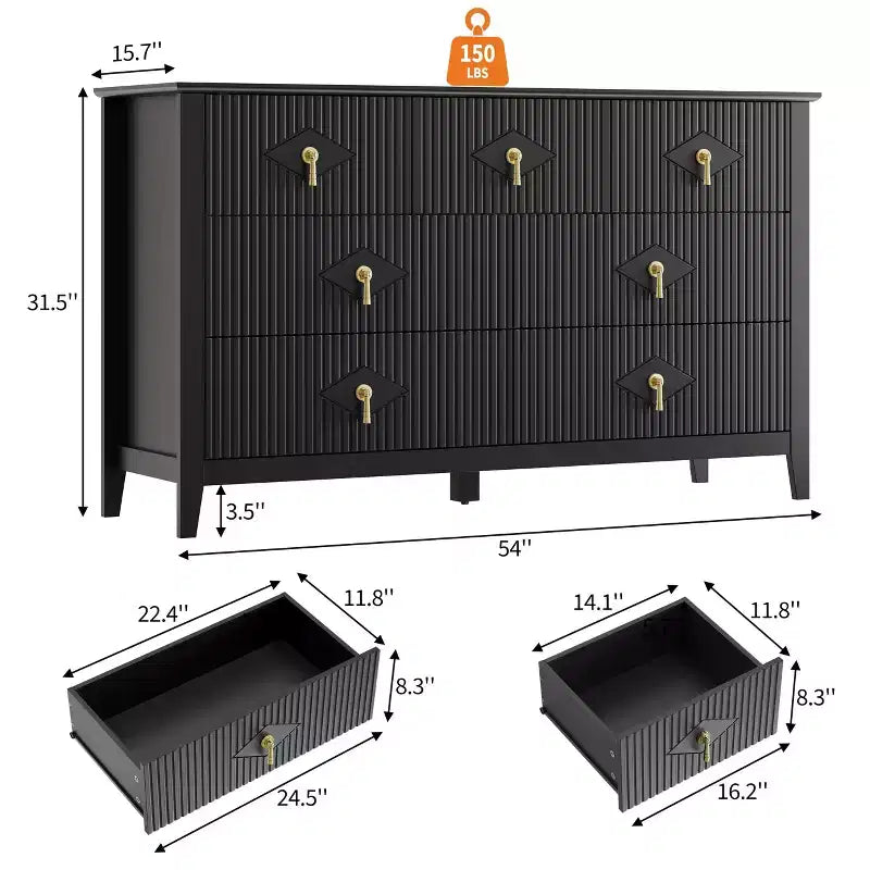 Commode de chambre à 7 tiroirs, commode en bois de 54 po de large avec poignées métalliques, organisateur de rangement pour vêtements cannelé, meuble TV de commode pour couloir