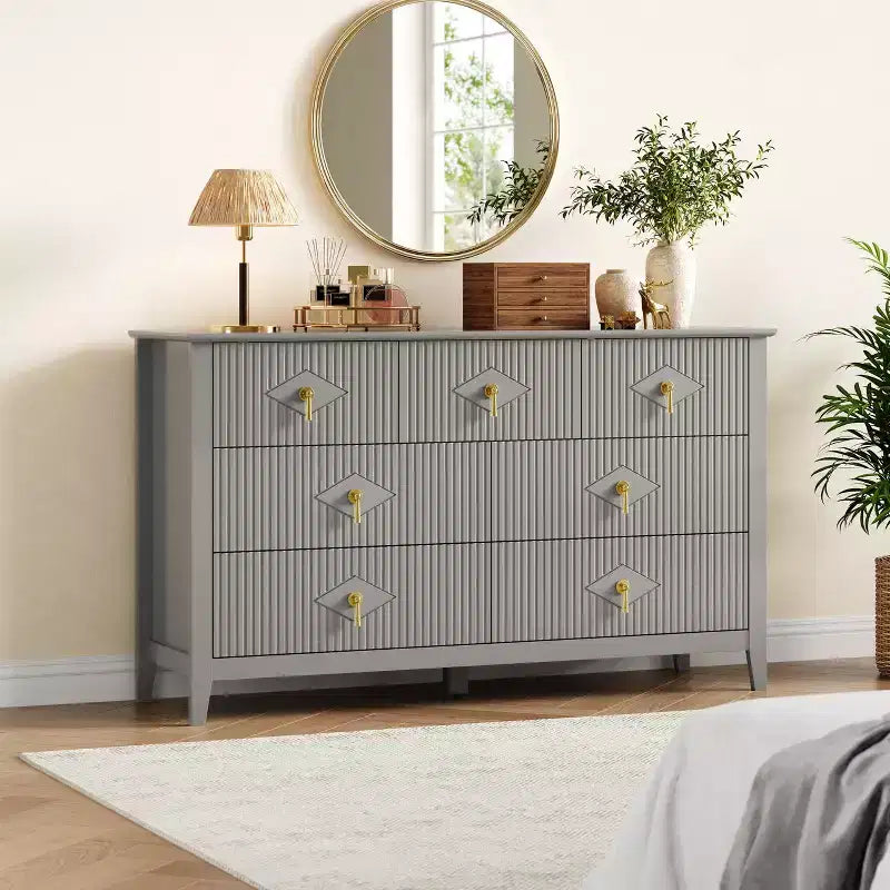 Commode de chambre à 7 tiroirs, commode en bois de 54 po de large avec poignées métalliques, organisateur de rangement pour vêtements cannelé, meuble TV de commode pour couloir