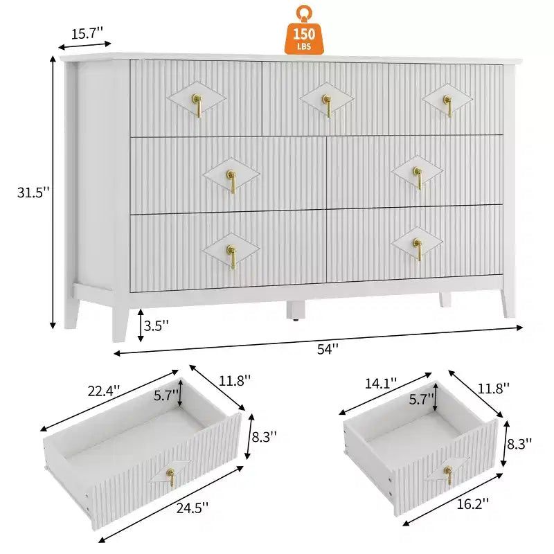 Commode de chambre à 7 tiroirs, commode en bois de 54 po de large avec poignées métalliques, organisateur de rangement pour vêtements cannelé, meuble TV de commode pour couloir
