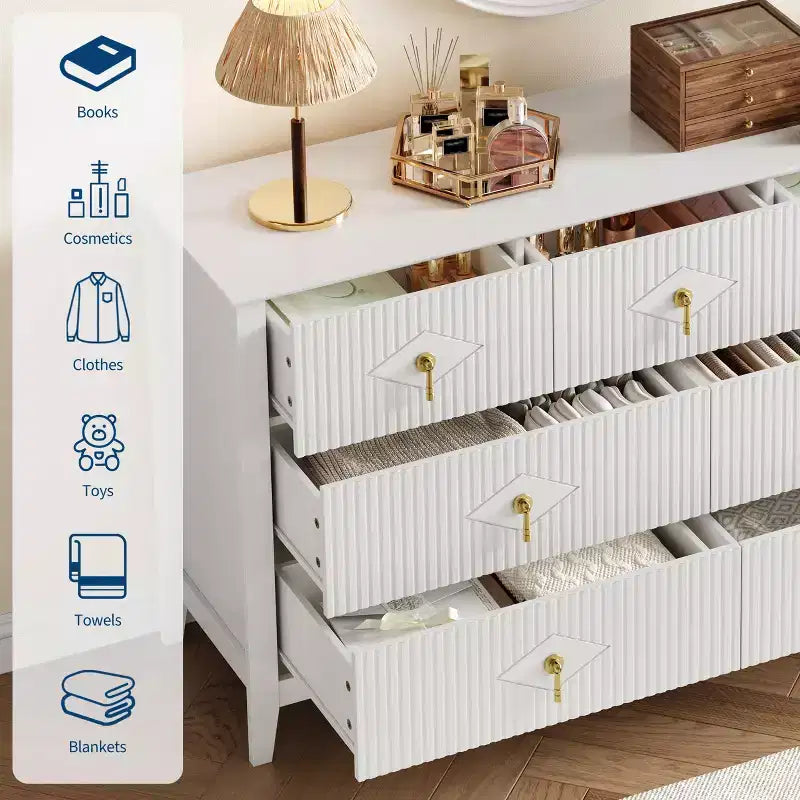 Commode de chambre à 7 tiroirs, commode en bois de 54 po de large avec poignées métalliques, organisateur de rangement pour vêtements cannelé, meuble TV de commode pour couloir