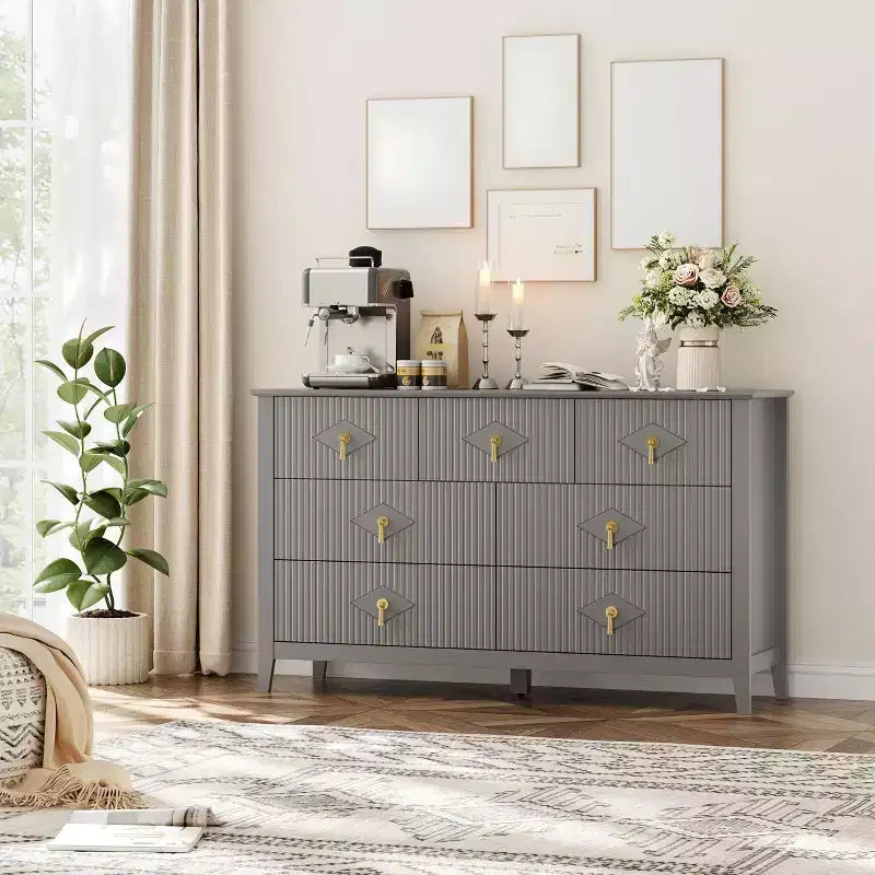 Commode de chambre à 7 tiroirs, commode en bois de 54 po de large avec poignées métalliques, organisateur de rangement pour vêtements cannelé, meuble TV de commode pour couloir