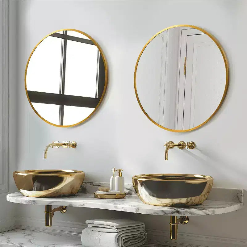 Miroir suspendu rond 20x20x1in en alliage d'aluminium à bords fins doré