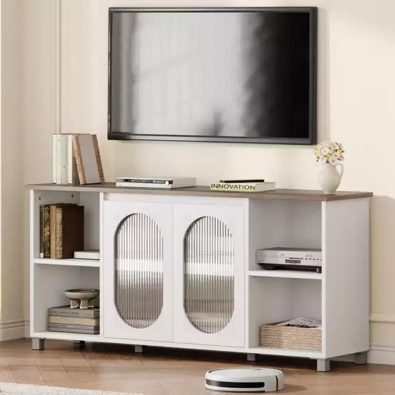 Meuble TV moderne pour téléviseurs de 60/65/70 pouces, meuble console média avec 2 portes en verre ondulé, 4 étagères ouvertes, centre de divertissement avec rangement