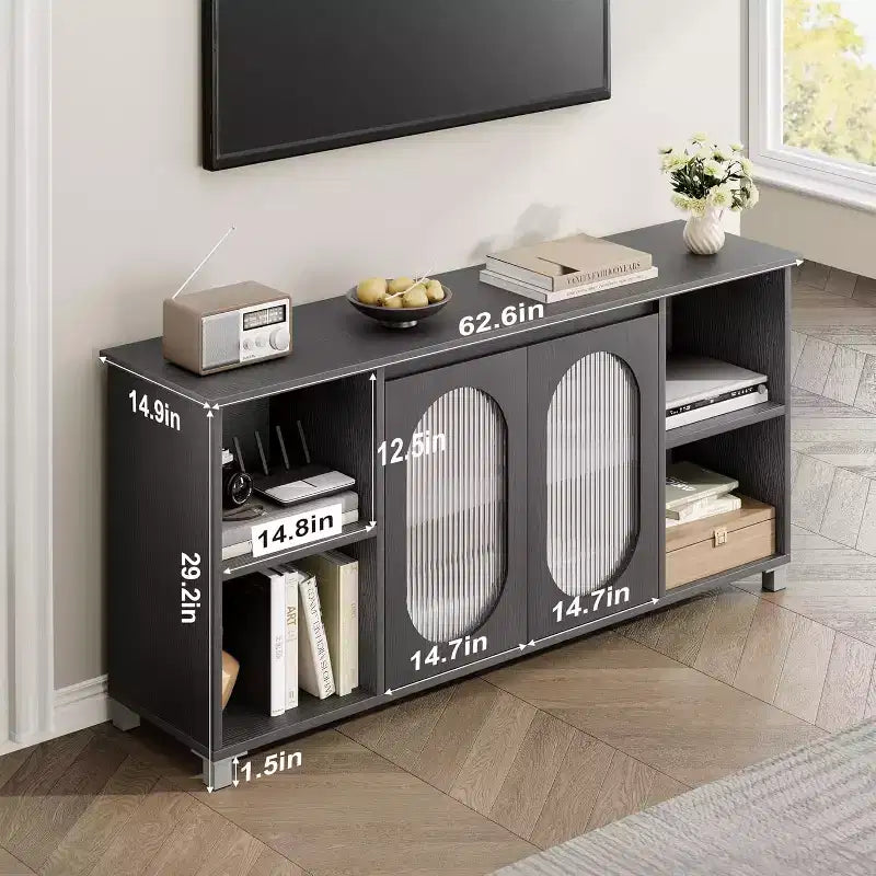 Meuble TV moderne pour téléviseurs de 60/65/70 pouces, meuble console média avec 2 portes en verre ondulé, 4 étagères ouvertes, centre de divertissement avec rangement