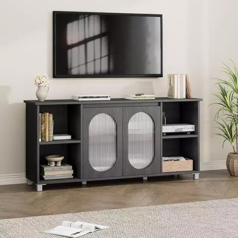 Meuble TV moderne pour téléviseurs de 60/65/70 pouces, meuble console média avec 2 portes en verre ondulé, 4 étagères ouvertes, centre de divertissement avec rangement