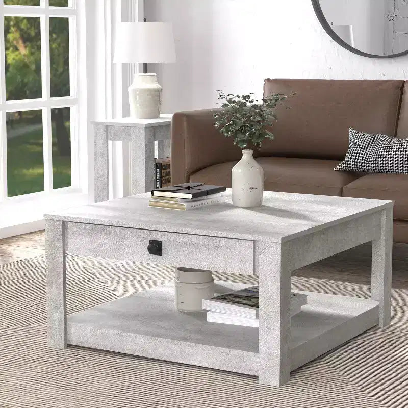 Table basse en bois avec tiroir de rangement 80 l x 80 P x 41,4 H cm
