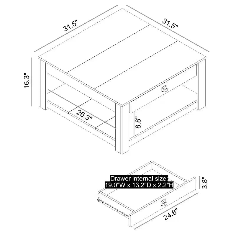 Table basse en bois avec tiroir de rangement 80 l x 80 P x 41,4 H cm