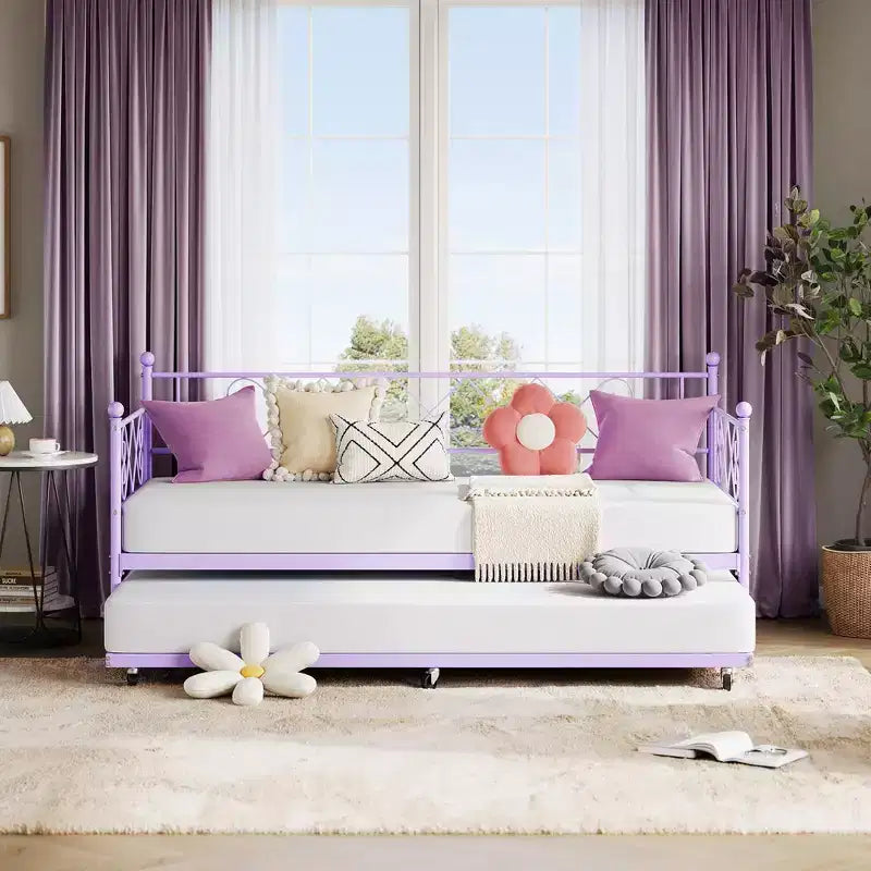 Lit de repos gigogne, Lit gigogne double avec tête de lit en forme de cœur pour enfants, Lit de repos en métal robuste avec support à lattes en acier, Lit de repos double violet