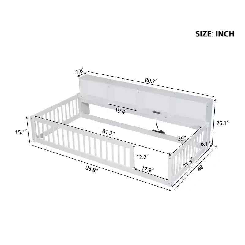 Lit de plancher Montessori pour enfants avec bibliothèque, lit de plancher simple XL avec station de charge, cadre de lit de plancher avec barrières de sécurité pour enfants, blanc