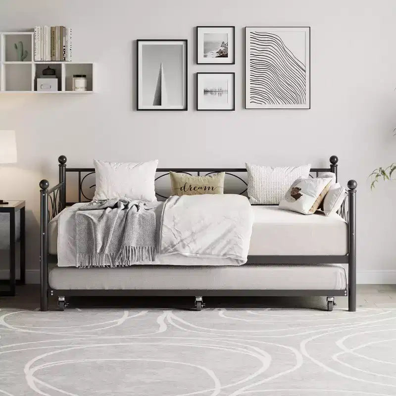 Lit de repos avec lit gigogne, lit de repos double en métal avec tête de lit florale, cadre de canapé-lit moderne, support à lattes en acier robuste