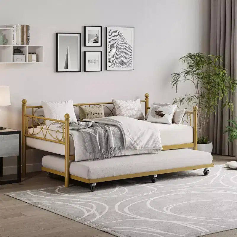 Lit de repos avec lit gigogne, lit de repos double en métal avec tête de lit florale, cadre de canapé-lit moderne, support à lattes en acier robuste