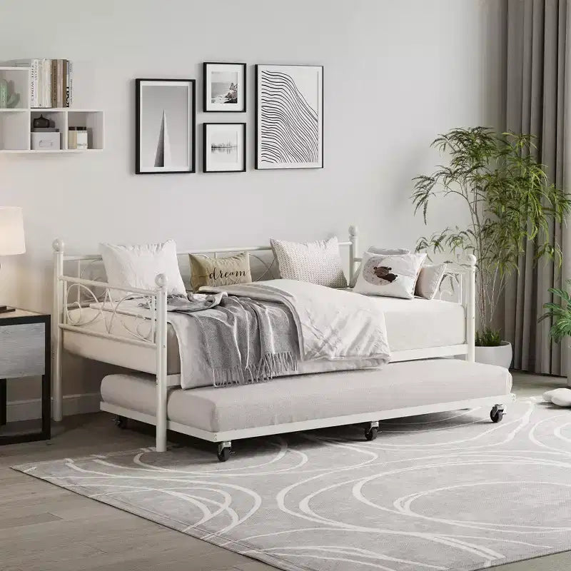 Lit de repos avec lit gigogne, lit de repos double en métal avec tête de lit florale, cadre de canapé-lit moderne, support à lattes en acier robuste