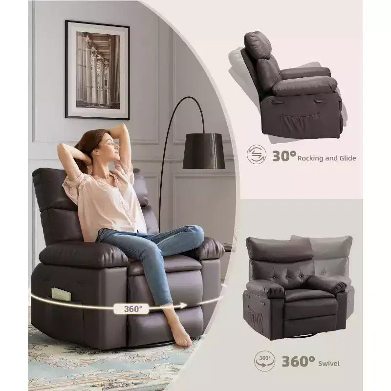 Fauteuils inclinables surdimensionnés avec fonction de chaleur et de massage - Fauteuil inclinable paresseux pivotant à 360° pour adultes - Fauteuil à bascule manuel