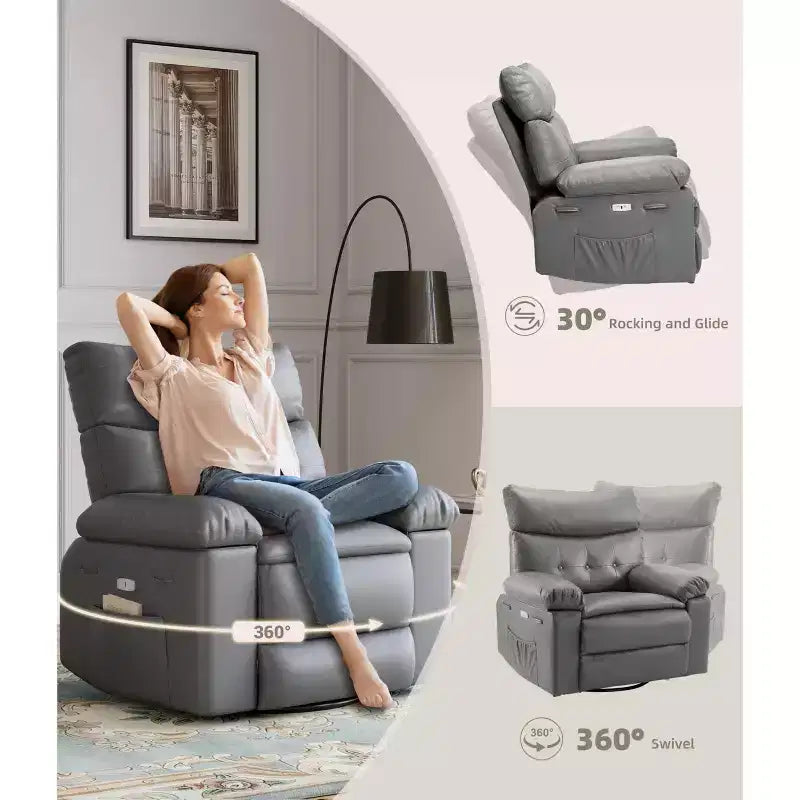 Fauteuils inclinables surdimensionnés avec fonction de chaleur et de massage - Fauteuil inclinable paresseux pivotant à 360° pour adultes - Fauteuil à bascule manuel