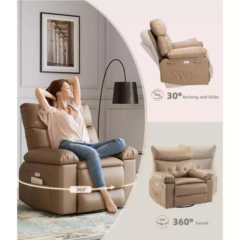 Fauteuils inclinables surdimensionnés avec fonction de chaleur et de massage - Fauteuil inclinable paresseux pivotant à 360° pour adultes - Fauteuil à bascule manuel