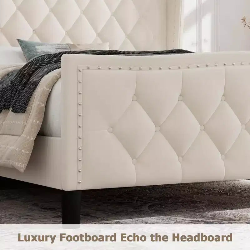 Cadre de lit plateforme rembourré de luxe avec tête de lit réglable – Tissu velours et lattes en bois