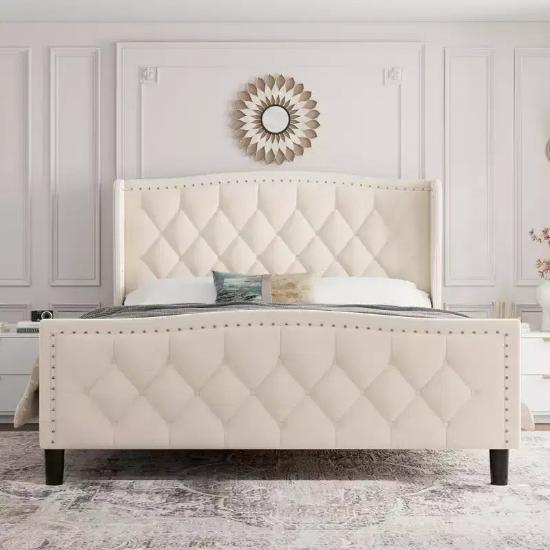 Cadre de lit plateforme rembourré de luxe avec tête de lit réglable – Tissu velours et lattes en bois