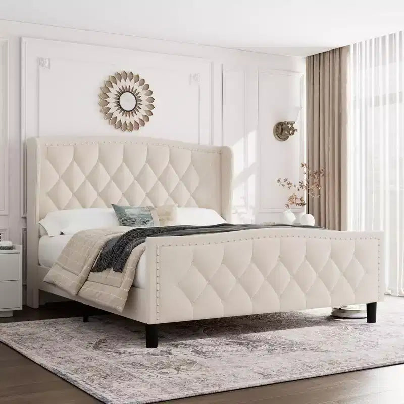 Cadre de lit plateforme rembourré de luxe avec tête de lit réglable – Tissu velours et lattes en bois