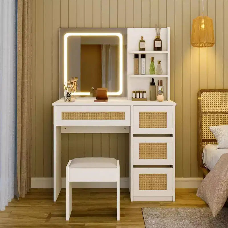 Coiffeuse en rotin blanc avec miroir LED réglable, 4 tiroirs et 2 étagères ouvertes, grande table de maquillage pour chambre à coucher