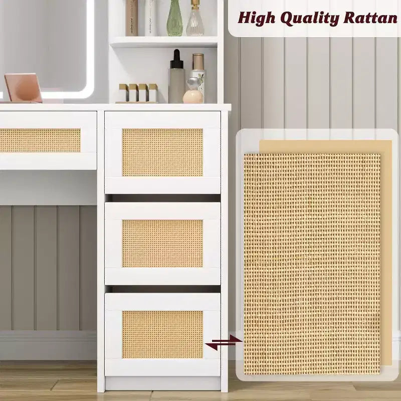 Coiffeuse en rotin blanc avec miroir LED réglable, 4 tiroirs et 2 étagères ouvertes, grande table de maquillage pour chambre à coucher