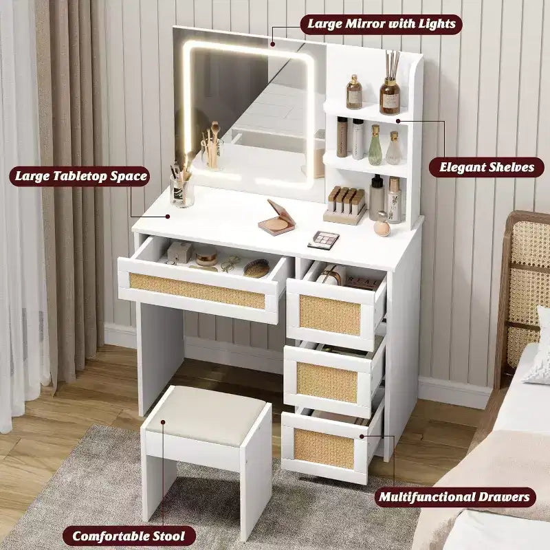 Coiffeuse en rotin blanc avec miroir LED réglable, 4 tiroirs et 2 étagères ouvertes, grande table de maquillage pour chambre à coucher