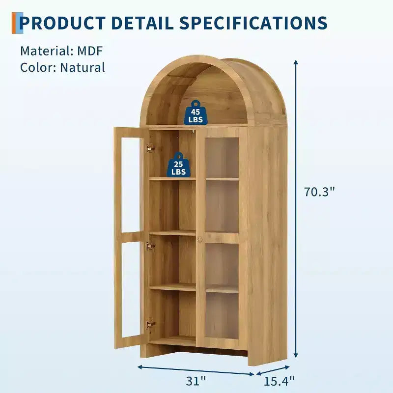 Vitrine arquée avec étagères réglables, Armoire de rangement haute de 70 pouces en chêne avec portes en acrylique transparent pour cuisine ou salon