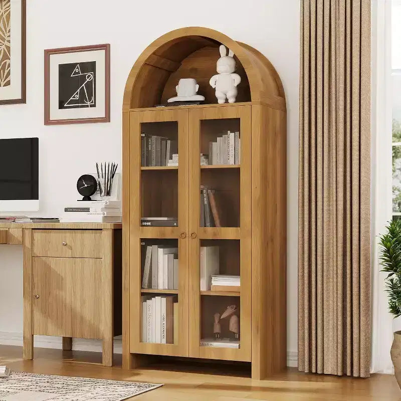 Vitrine arquée avec étagères réglables, Armoire de rangement haute de 70 pouces en chêne avec portes en acrylique transparent pour cuisine ou salon