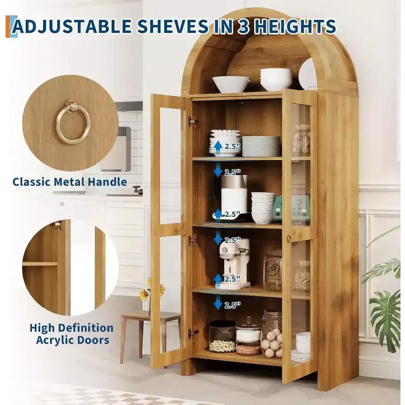 Vitrine arquée avec étagères réglables, Armoire de rangement haute de 70 pouces en chêne avec portes en acrylique transparent pour cuisine ou salon